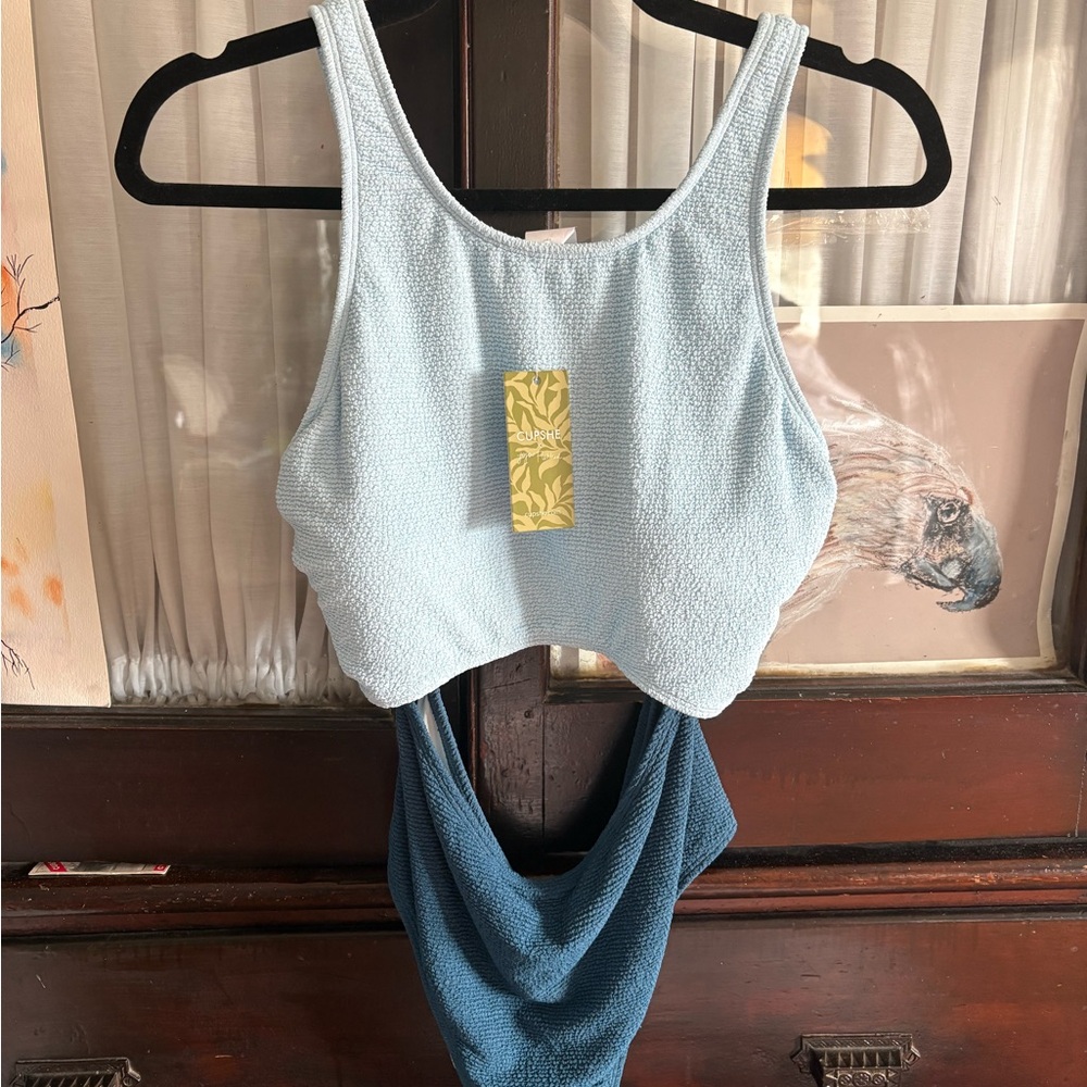 Cupshe Two-Tone Scoop Neck Peek a Boo Swimsuit in Light Blue and Teal